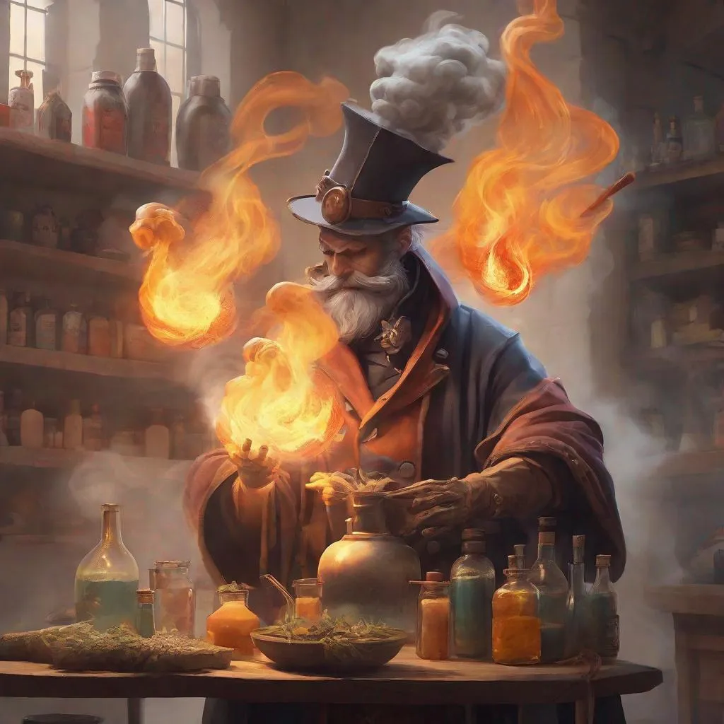 Prompt: fantasy concept art, trending on artstation, alchemist mixing different ingredients, smoke and fire