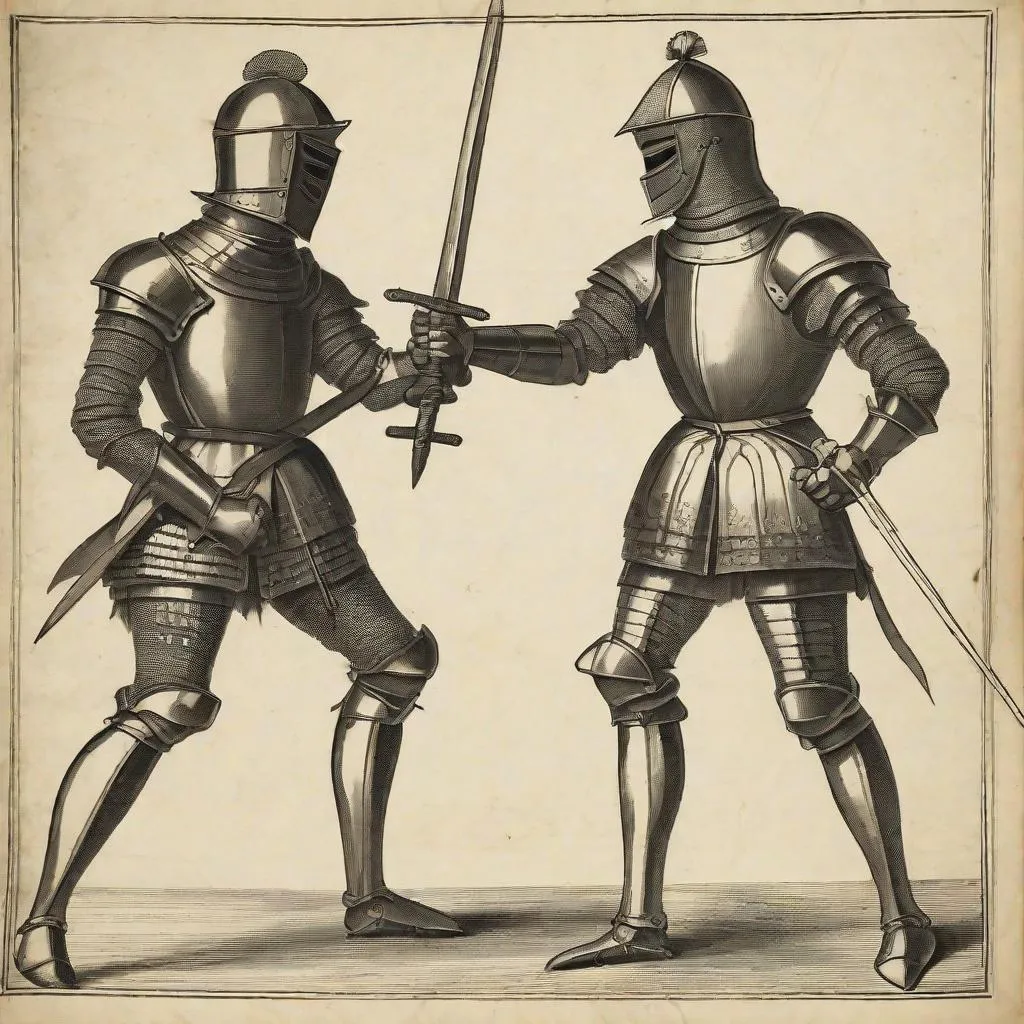Prompt: mediaeval drawn fencing manual page, two knights in armor fighting, longsword, historical european martial arts