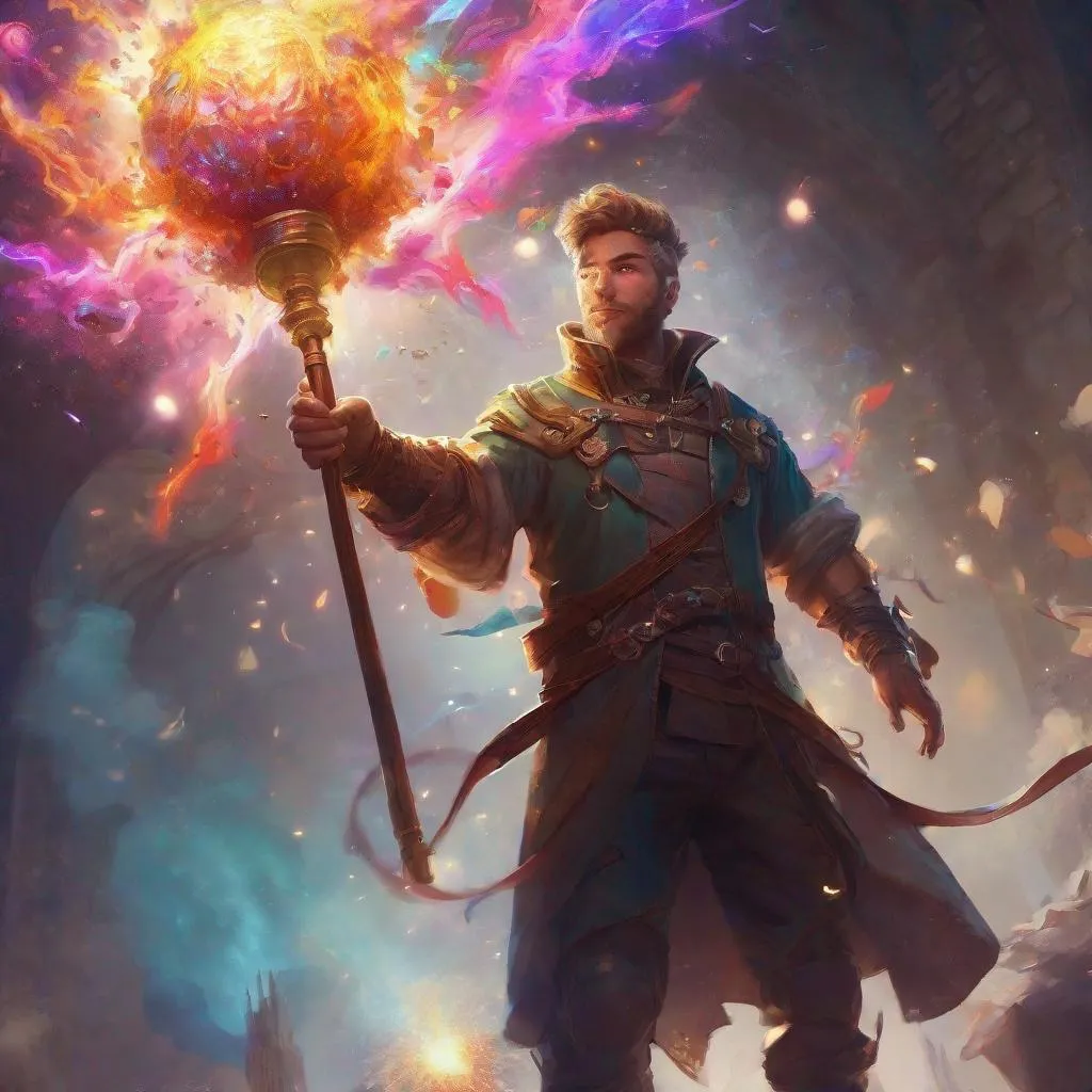 Prompt: fantasy concept art, trending on artstation, artificer holding up magical staff, colorful magic explosion around 