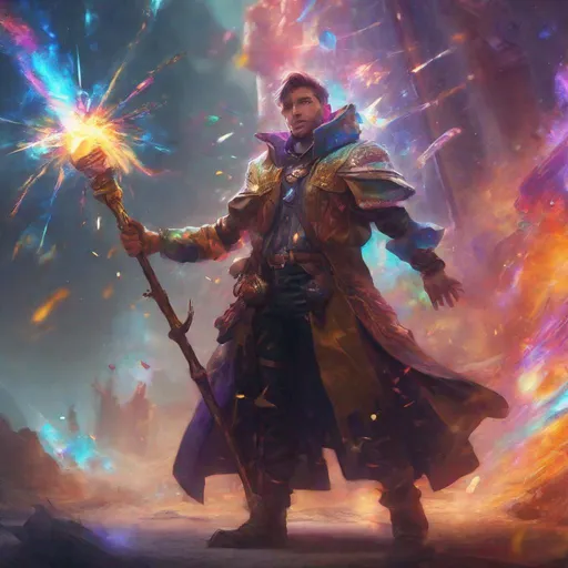 Prompt: fantasy concept art, trending on artstation, artificer holding up magical staff, colorful magic explosion around 