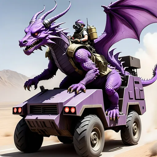 Prompt: Purple Dragon wearing a gas mask, riding the back of a large armord vehicle