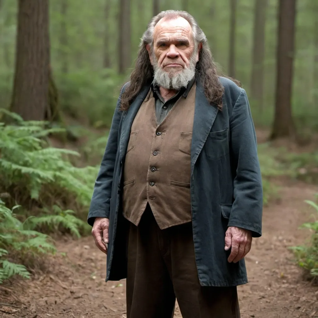 Prompt: I need an image of one person.   The one person should be a mix of Merle Haggard and Hagrid.    Please show the full height of his body. 
