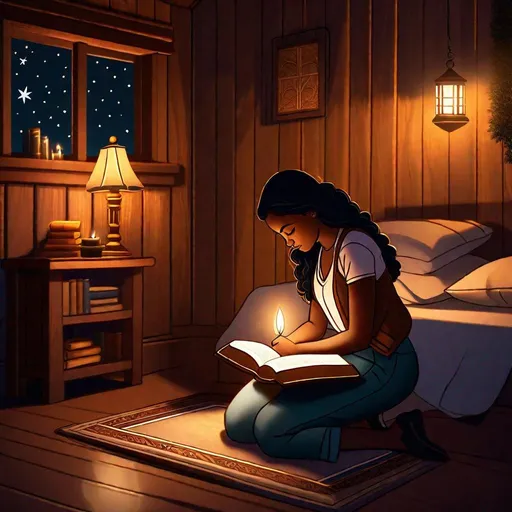 Prompt: A young teenage brown-skinned female kneeling to pray by her bedside, at night, there is a Bible near her, as the cabin room is beautifully decorated and aesthetic,