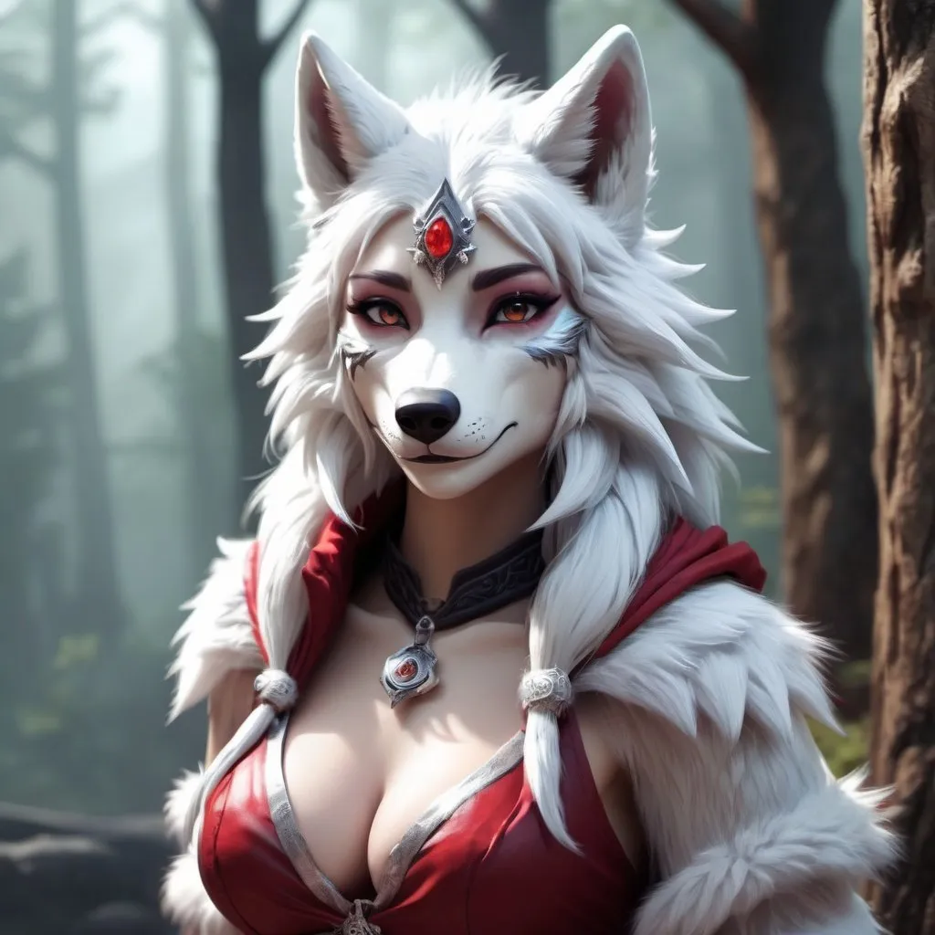 Prompt: furry female wolf character being in fantasy world