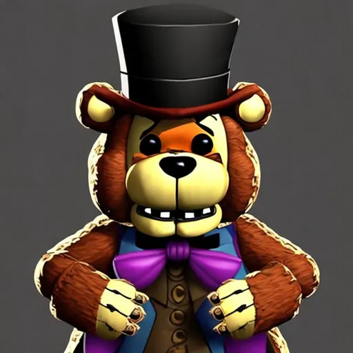 Prompt: freddy fazbear from five nights at freddys brown animatronic bear  four limbs black top hat and bowtie fabric 