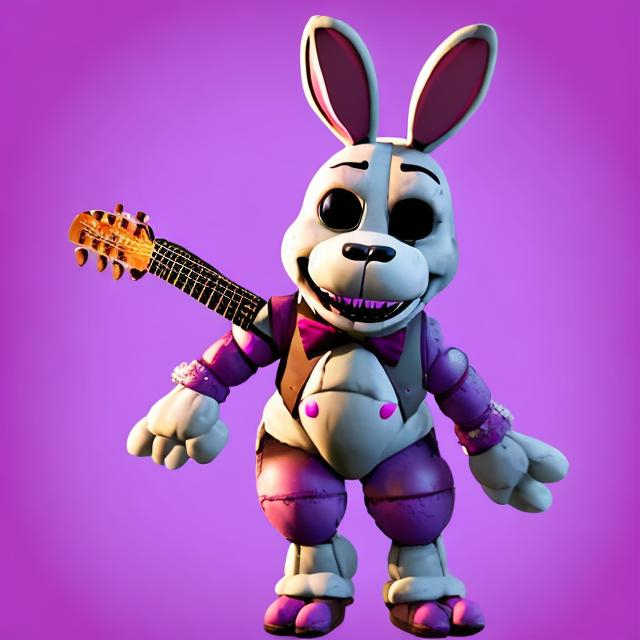 Prompt: bonnie the bunny purple animatronic five nights at freddys 4 limbs arms and legs with a red guitar