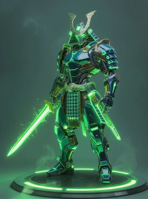 Prompt: Hyperrealistic depiction of a robotic samurai warrior, standing on a circular, glowing, green platform.  The figure is clad in teal and dark-grey armor, with intricate gold accents and glowing neon-green details.  The armor has a mechanical aesthetic, featuring numerous circular panels, rivets, and visible joints.  Bright neon-green glowing lines accent the armor's edges and joints, complementing a similarly luminous blade held in the figure's hand, which is also a vibrant green. The figure has a detailed katana-style blade.  The warrior's headpiece resembles a traditional samurai helmet with  ornate, gold accents and glowing eye-like features.  The background is a muted, gray-blue, creating a dramatic contrast to the figure's vibrant colors.  The lighting is dynamic, highlighting the figure's intricate designs and emphasizing the glow of the details and lighting accents. The stance is dynamic and powerful. The platform emits a soft green luminescence.