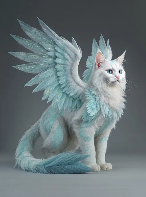 Prompt: A hyperrealistic, ethereal creature, a feline with large, feathery wings, stands on a neutral gray background.  The creature is primarily white with a multitude of light teal-blue feathery structures that appear almost like scales, adorning its body, including its tail, legs, and shoulders.  These light teal-blue feathers are detailed with small, gold-colored speckles that give a glittering effect. The creature's eyes are a striking, bright blue.  Its fur is smooth and fluffy, and the colors transition subtly to a darker shade of teal blue toward its legs and tail.  The background is a muted, dark gray-blue, creating a dramatic contrast to the creature's vibrant colors.  The setting is undefined, but the overall aesthetic is fantasy-inspired, suggesting an otherworldly or magical environment.