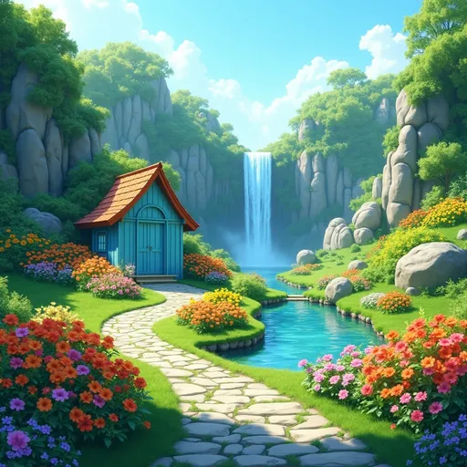 Prompt: A vibrant, hyperrealistic landscape scene featuring a tranquil garden with a small, light blue wooden hut nestled amongst lush green hills.  A cascading waterfall, prominently featured behind the hut, descends down rocky cliffs.  The sky is a clear, bright blue, and the light is well-distributed, casting soft shadows on the ground.  Colorful flowers in various shades of red, orange, yellow, and purple bloom in well-maintained flowerbeds, creating a cheerful aesthetic.  A small, round pond reflects the surrounding greenery and the hut.  A pathway of irregularly shaped gray stones winds through the flowerbeds and to the hut's entrance.  The overall impression is one of serenity and beauty in a picturesque natural setting.
inspired, suggesting an otherworldly or magical environment.