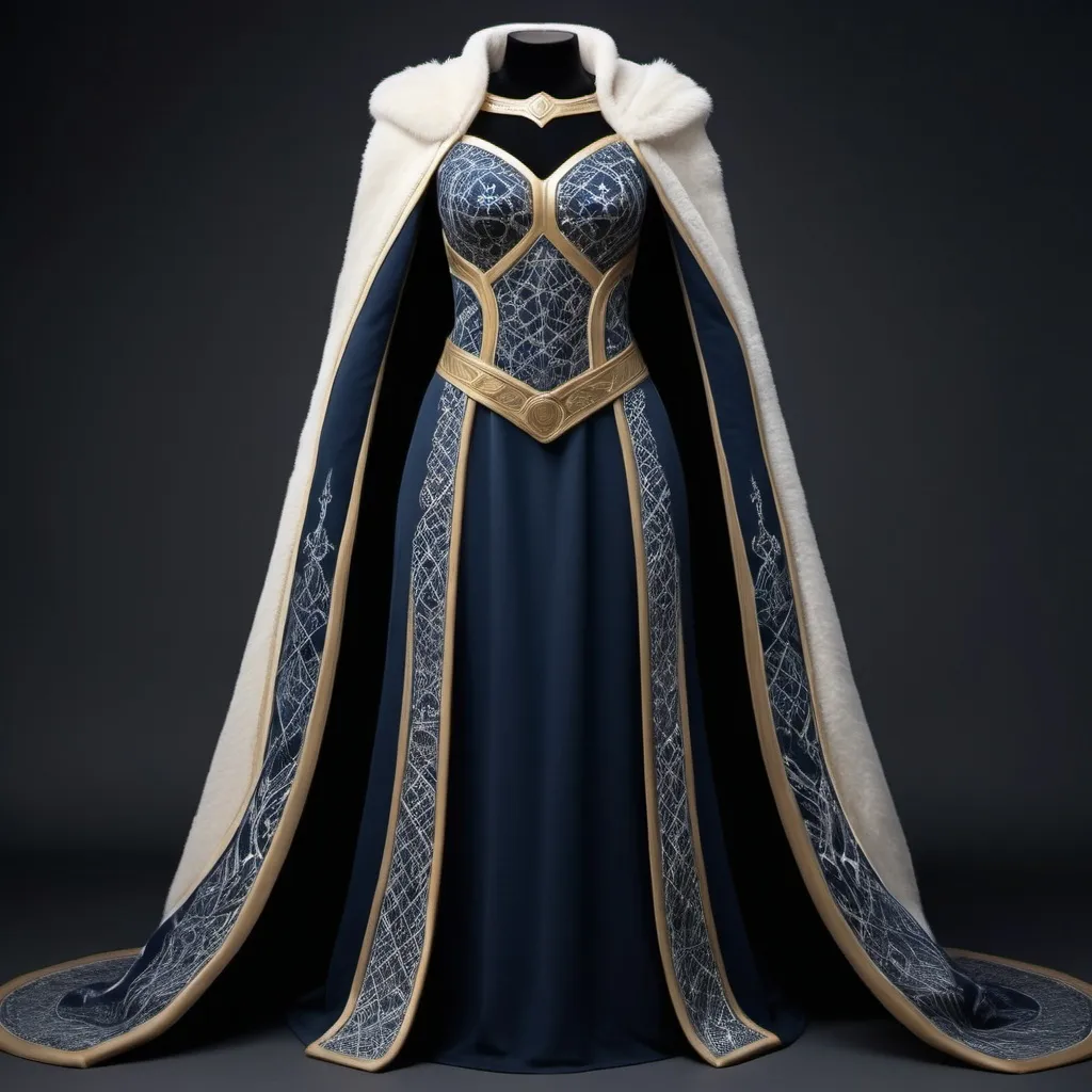 Prompt: Asgardian princess gown, deep navy blue and white hue with simple nordic patterns interwoven with golden threads in the thick and heavy fabric against the cold winter, the manniquen displayng the dress shows no hands and is displayed in font of a light, velvety background, regal yet etheral ambience, soft lighting, ultra-realistic, highly detailed 