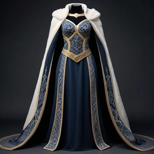 Prompt: Asgardian princess gown, deep navy blue and white hue with simple nordic patterns interwoven with golden threads in the thick and heavy fabric against the cold winter, the manniquen displayng the dress shows no hands and is displayed in font of a light, velvety background, regal yet etheral ambience, soft lighting, ultra-realistic, highly detailed 