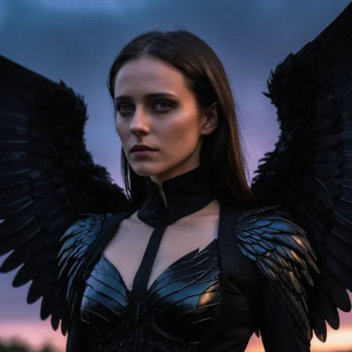 Prompt: A 30 years old white women, wearing black hot suit and her face see, her costume have black wings