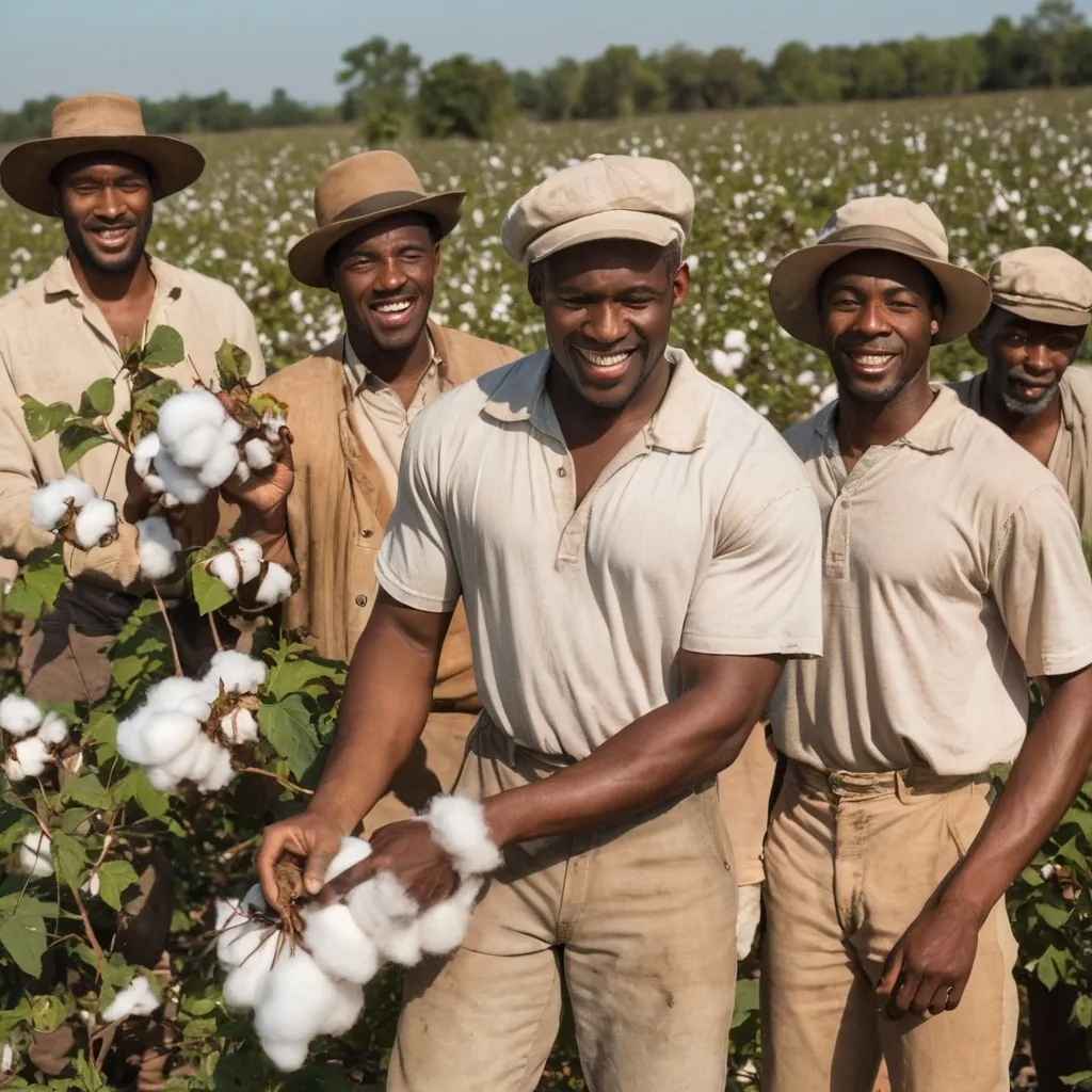 Prompt: a group of HAPPY black men picking cotton from a cotton plantation with a white man behind them holding a whip