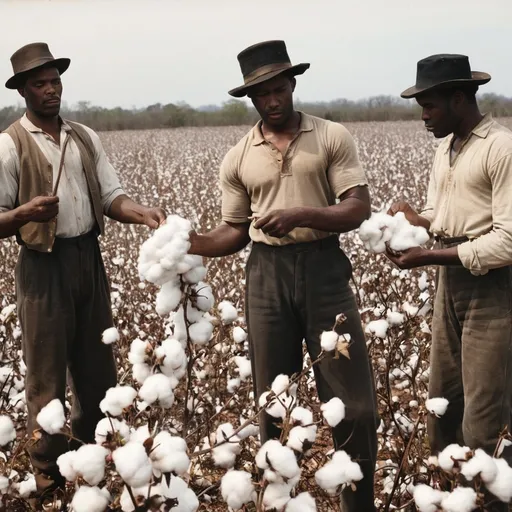 Prompt: a group of black men picking cotton from a cotton plantation with a white man behind them holding a whip