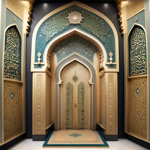 Prompt: A mihrab decorated with Islamic decoration with high precision and details, studded with clear diamonds.