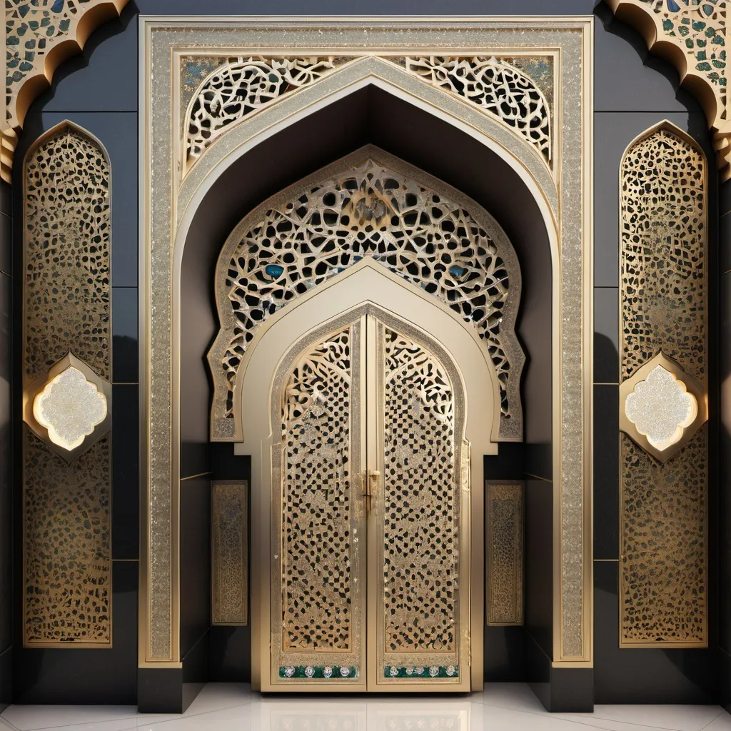 Prompt: A mihrab decorated with Islamic decoration with high precision and details, studded with clear diamonds.