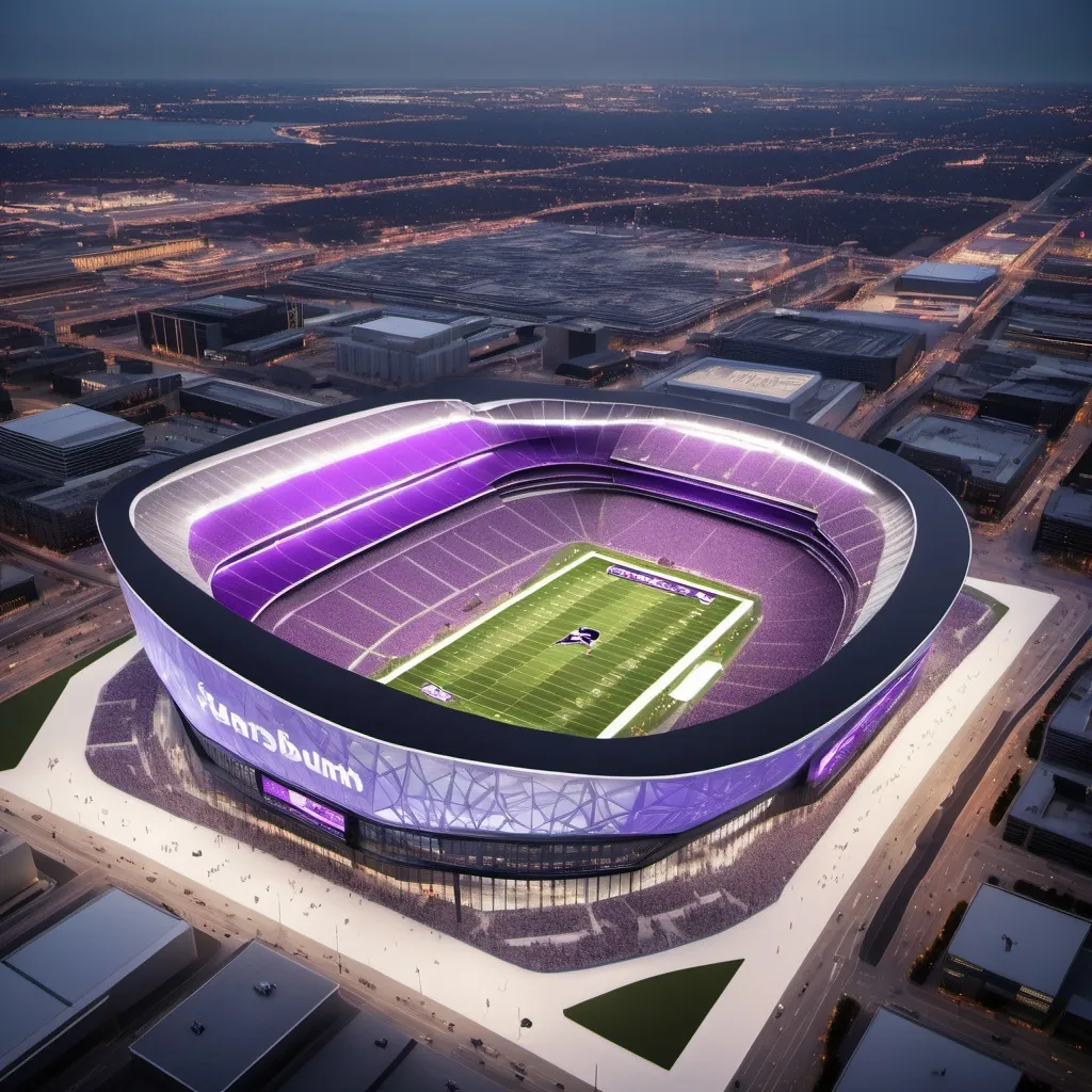 Prompt: Design me a stadium that has the look between Sofi stadium, US Bank Stadium, Mercedes Benz Stadium. 