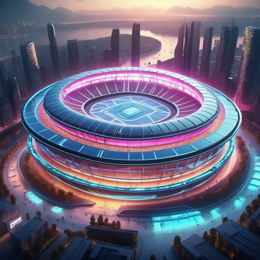 Prompt: (futuristic floating stadium), innovative architectural design, (coolest stadium in the world), rotating structure, intricate details, transparent materials, neon lights, reflective surfaces, sleek curves, surrounded by a vibrant cityscape, energetic atmosphere, (highly detailed 4K), cinematic lighting, stunning views, imaginative concept, futuristic technology integrations.