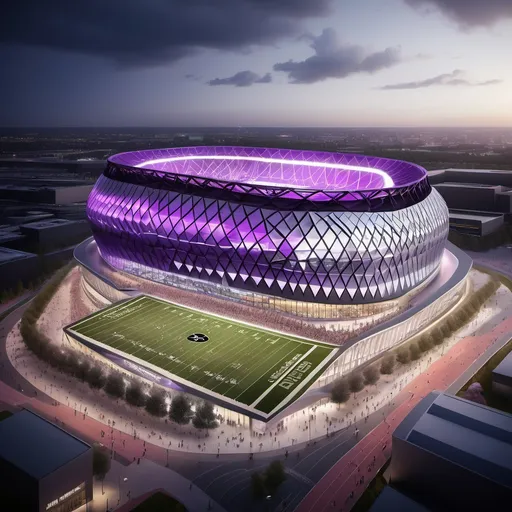 Prompt: Design me a stadium that has the look between Sofi stadium, US Bank Stadium, Mercedes Benz Stadium. Design it to be the loudest and most vibrant stadium in the world. 