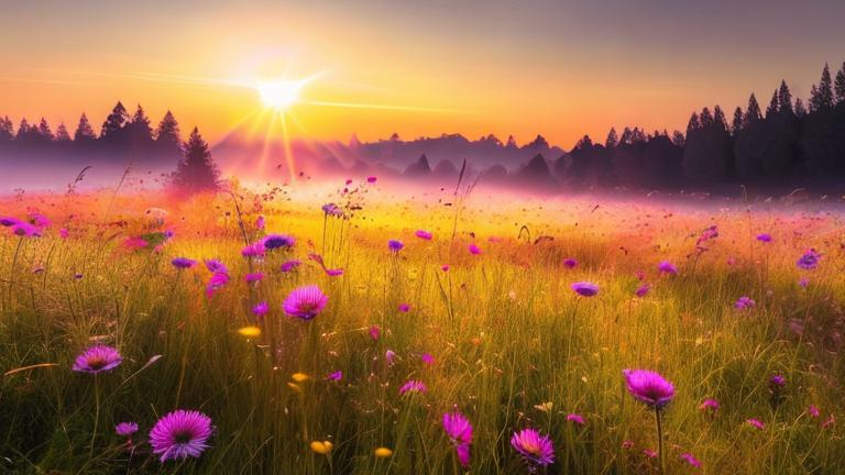 Prompt: Beautiful meadow at break of dawn, realistic, vibrant colors, soft and warm lighting, dew-covered flowers, gentle mist, far and open horizon, high quality, realistic style, serene atmosphere