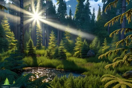 Prompt: Photorealistic deep dark temperate forest landscape with densely packed tall spruce trees, sunbeam piercing through, realistic lighting and shadows, highly detailed leaves and foliage, atmospheric, natural color palette, high quality, photorealism, dense forest, tall trees, sunbeam, detailed vegetation, realistic lighting, natural colors. No fauna.