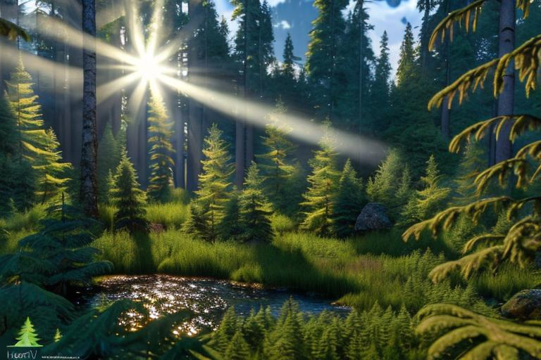 Prompt: Photorealistic deep dark temperate forest landscape with densely packed tall spruce trees, sunbeam piercing through, realistic lighting and shadows, highly detailed leaves and foliage, atmospheric, natural color palette, high quality, photorealism, dense forest, tall trees, sunbeam, detailed vegetation, realistic lighting, natural colors. No fauna.