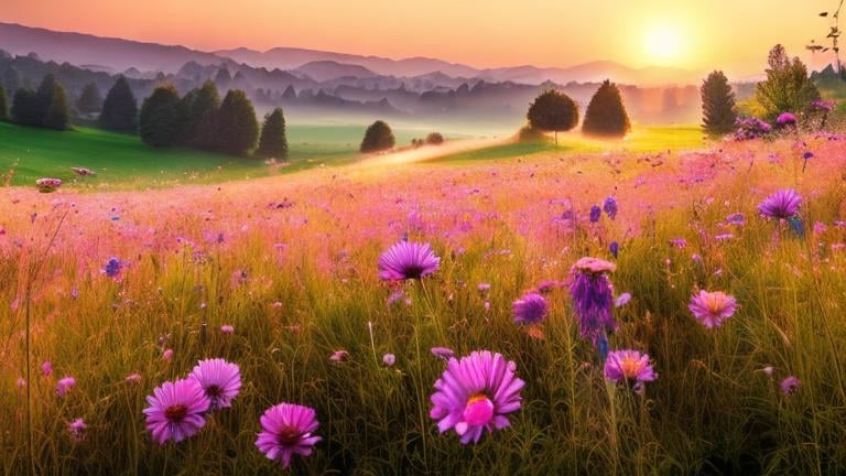 Prompt: Beautiful meadow at break of dawn, realistic, vibrant colors, soft and warm lighting, dew-covered flowers, green lush field, gentle mist, far and open horizon, high quality, realistic style, serene atmosphere