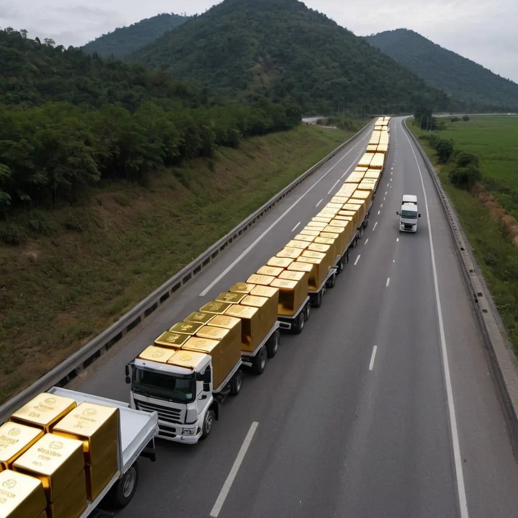 Prompt: A row of trucks on a highway each of them fullly loaded with gold bars