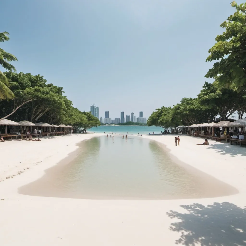 Prompt: THe view is front, I am on the white beach that has a group of magrove trees in front of me in sea water. At the far right is a well developed city with high buldings. On the left is a space where people can swim. but at the far lft is also a city.in 