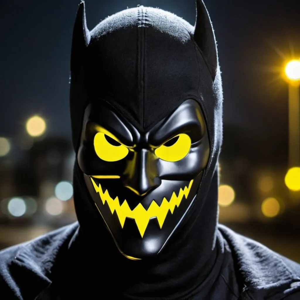 Prompt: Vigilante of the night masked with a yellow smile