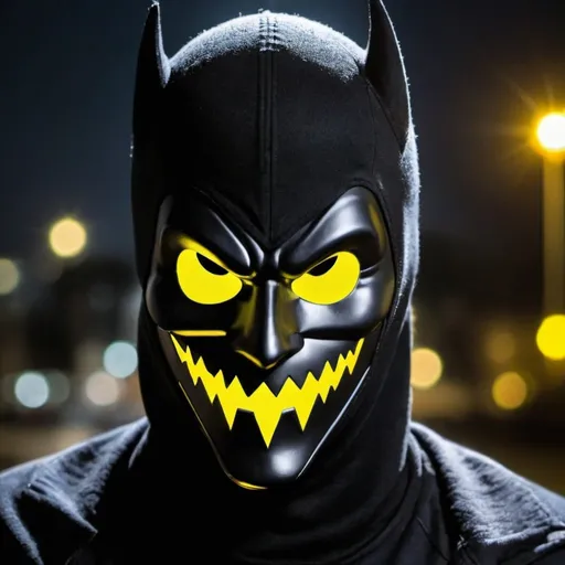 Prompt: Vigilante of the night masked with a yellow smile
