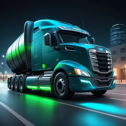 Prompt: (Concept of energy harvesting for a truck tire), (tire moving with dynamic motion), complete truck visible, 
vibrant energy waves emanating from the realistic truck tire,  bright neon blue and green tones, high-tech ambiance, sleek and modern design, cutting-edge innovation, detailed tire treads, city street background at night, smooth asphalt, glowing streetlights, ultra-detailed, 4K, cinematic lighting, dramatic contrast, electrifying atmosphere, intense and engaging scene.