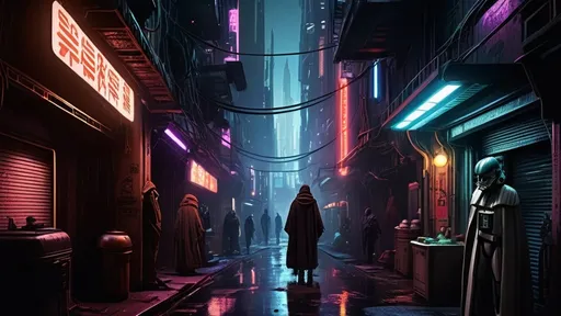 Prompt: Narrow streets of Lower Coruscant, bathed in darkness, illuminated by neon lights, shady traders and hooded figures, crumbling stalls, suspicious atmosphere, Star Wars style, dark tones, neon lighting, detailed urban setting, atmospheric sci-fi, highres, detailed characters, mysterious ambiance