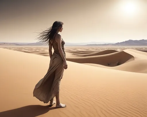 Prompt: (Beautiful woman), searching for water in a barren desert landscape, surrounded by numerous misleading fake oases, emphasizing a stark and lonely atmosphere, her body glistening with moisture in the sweltering heat, her appearance frail and skinny, capturing a striking contrast of desperation and beauty, against a backdrop of barren sand dunes under a harsh sun, ultra-detailed, high-definition.