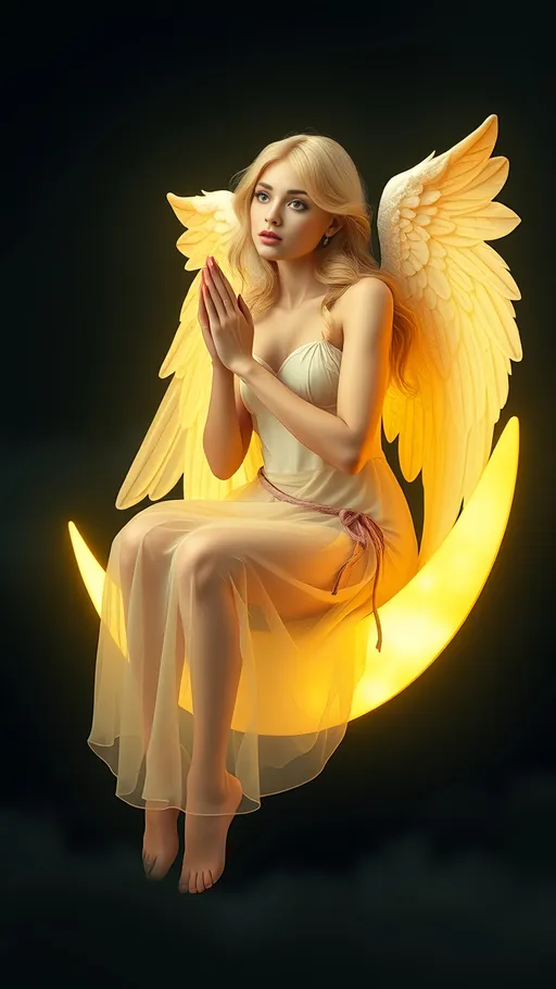 Prompt: Extreme long view a beautiful modern contemporary prayerful angel seated upon crescent glowing  moon wearing a beautiful flowing transparent dress, blonde hair, skinny, moist skin, yellow eyes, full lips, ultra realistic, detailed face