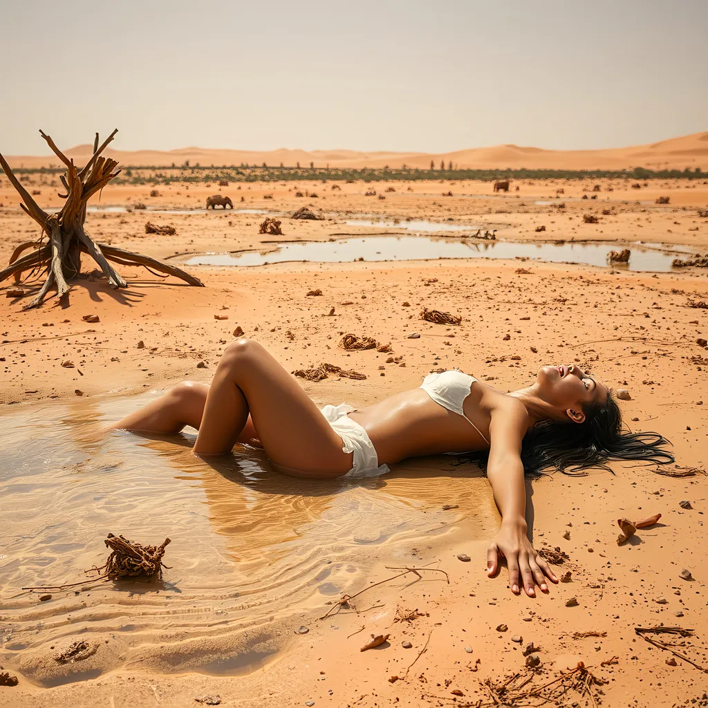 Prompt: Dying dehydrated woman looking for water at desert, a lot of fake oasis, no help, skinny girl, wet body, hot temperature