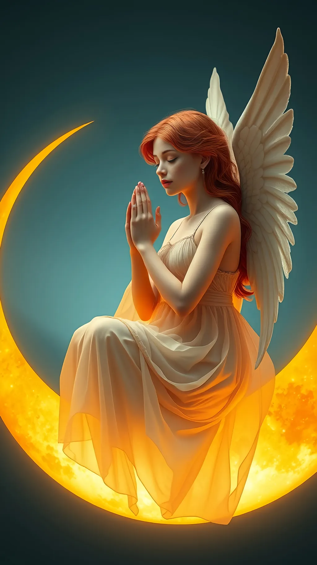 Prompt: Extreme long view a beautiful modern contemporary prayerful angel seated upon crescent glowing  moon wearing a beautiful flowing transparent dress, red hair, skinny, freckless, velvet skin, sleeping, full lips, ultra realistic, detailed face