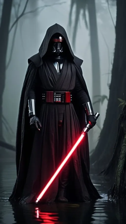 Prompt: sith lord with faceless mask, black robes with gray metal plate armor, red-blooded two-handed lightsaber in sheath, murky swamps of Dagobah, misty atmosphere, highres, detailed, dark fantasy, Star Wars,  menacing presence, atmospheric Red lighting, ominous fog