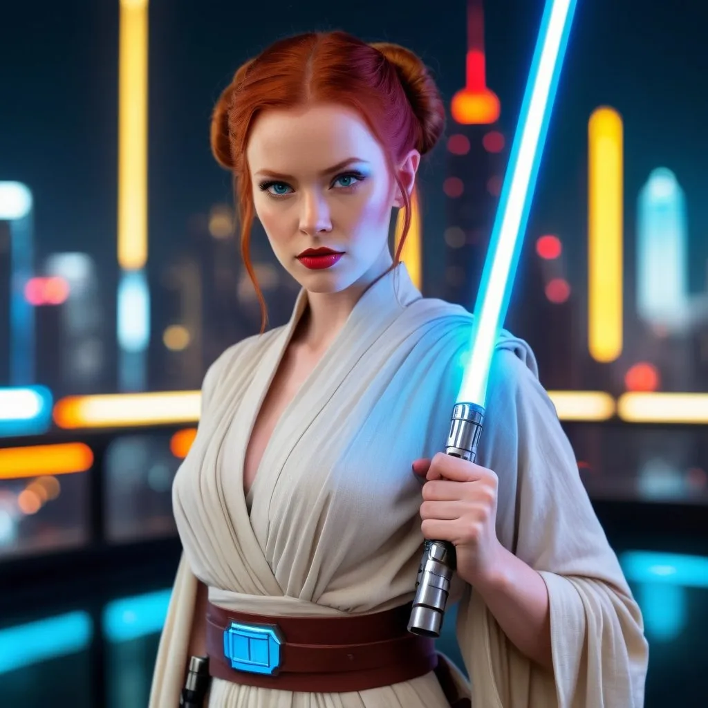 Prompt:  can you generate a female jedi knight? she is supposed to be wearing sand robes with a wide belt and a double turn off lightsaber hanging from it. the woman must have red hair, fair complexion, blue eyes, full red lips and be slim. she must keep her hands clasped behind her back. in the background there is a blurry image of a large neon city resembling Coruscant.