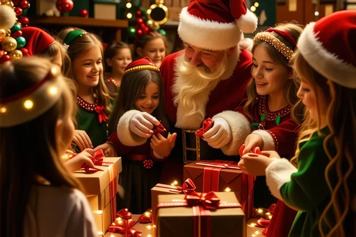 Prompt: (photorealistic) scene of many (adorable) female little elves joyfully assisting a (tired) Santa in a cozy toy factory, filled with vibrant colors and warm lighting. Presents actively being wrapped, sparkling decorations surrounding the atmosphere, creating a delightful and kind ambiance, showcasing teamwork in a magical setting, HD quality.