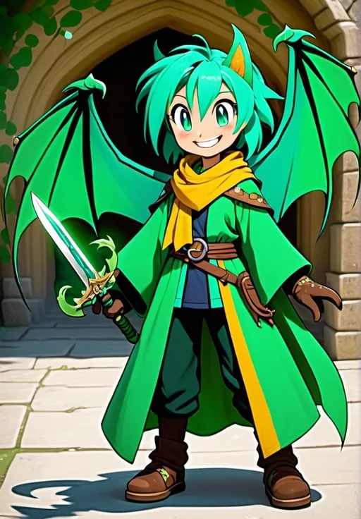 Prompt: A sonic style female dragon character who is green, has an emerald on her forehead, has a blue scarf and a brown cloak, medium green hair, is holding two green katanas, is smiling, has a medium length tail, has a yellow t-shirt, has vines coming from her arms and big dragon wings and white gloves 