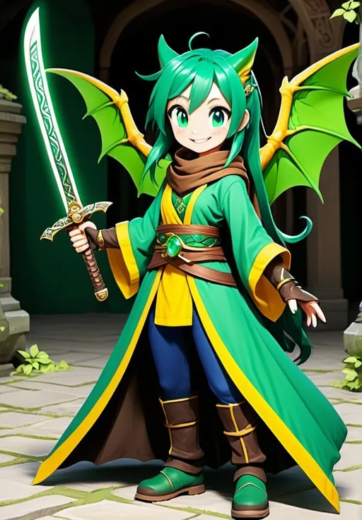 Prompt: A sonic style female dragon character who is green, has an emerald on her forehead, has a blue scarf and a brown cloak, medium green hair, is holding two green katanas, is smiling, has a medium length tail, has a yellow t-shirt, has vines coming from her arms and big dragon wings and white gloves 