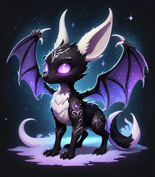 Prompt: An inky black celestial dragon with deer antlers, four legs, two arms and white glowing eyes as well as huge bat wings and fennec fox ears