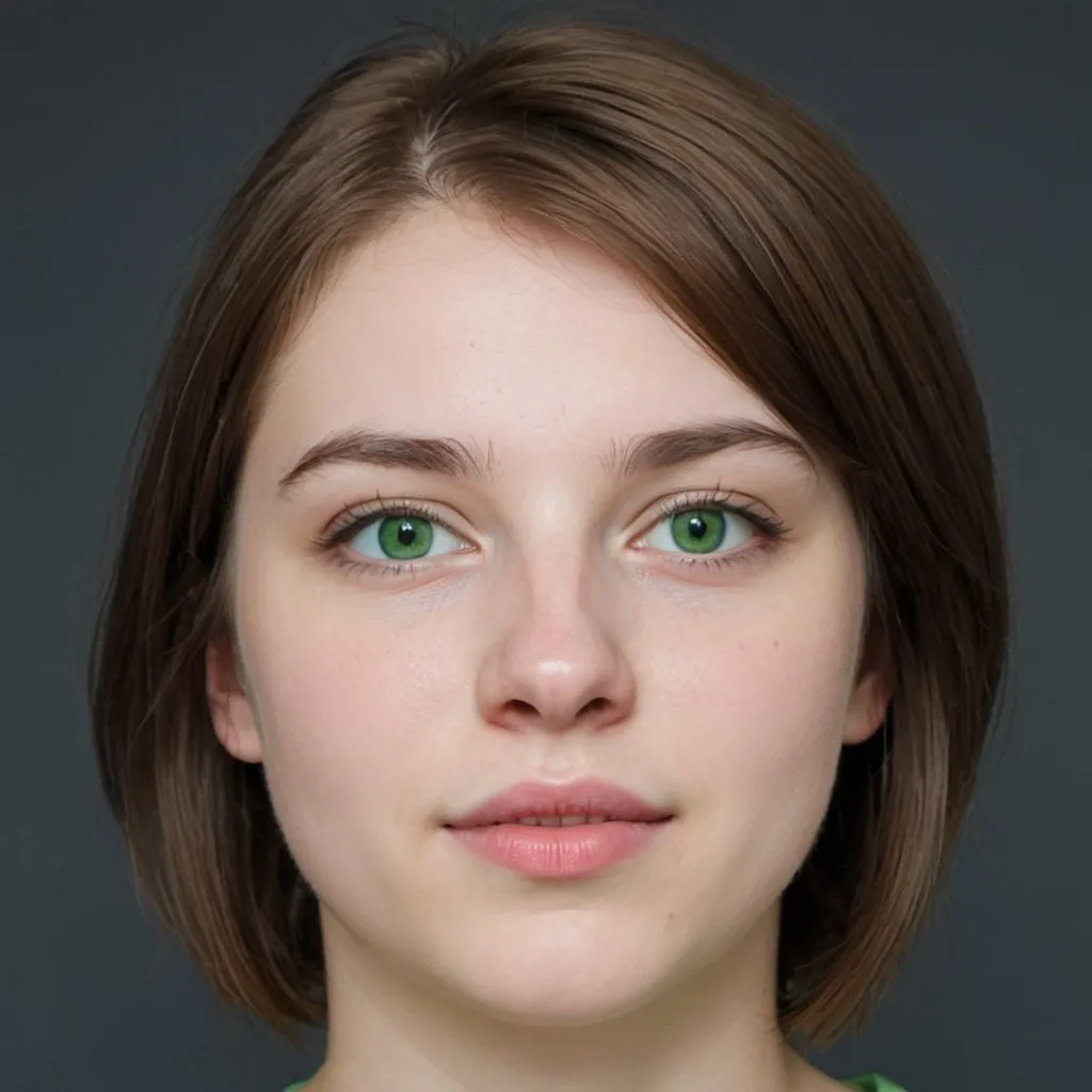 Prompt: a 24 year old girl with white skin, green eyes, mid lip size, short light brown hair