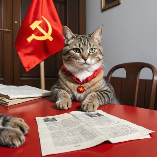 Prompt: A communist cat on a table with the communist manifest in one paw
