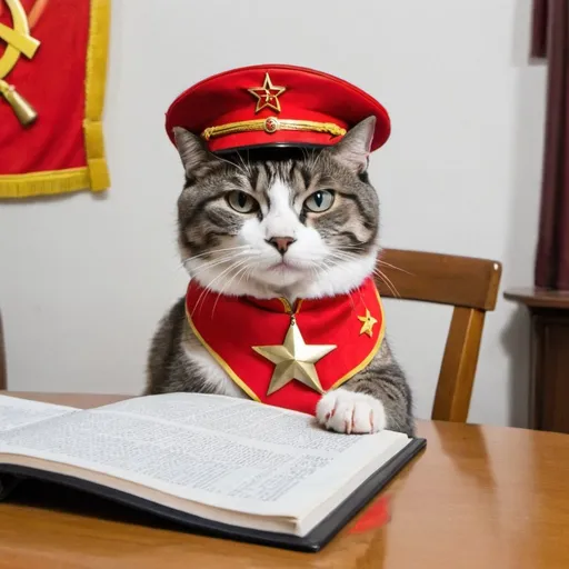 Prompt: A communist cat posing with the communist manifest in one paw
