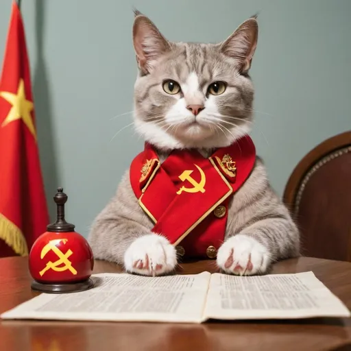 Prompt: A communist cat on a table with the communist manifest in one paw
