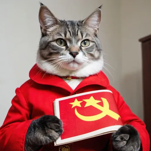 Prompt: A communist cat posing with the communist manifest in one paw
