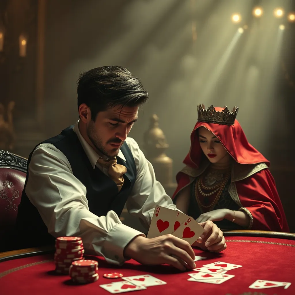 Prompt: a heart broken gambler plays the queen of hearts. Lady luck calls his bluff and doubles the anti.