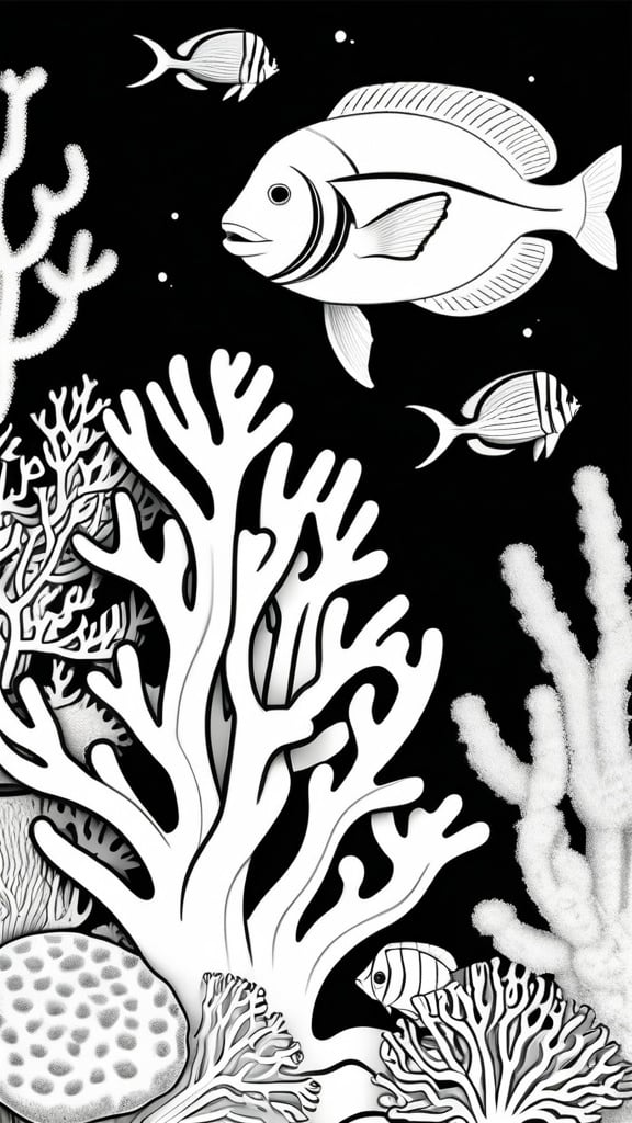 Prompt: B&W coloring book, marine animals, coral 